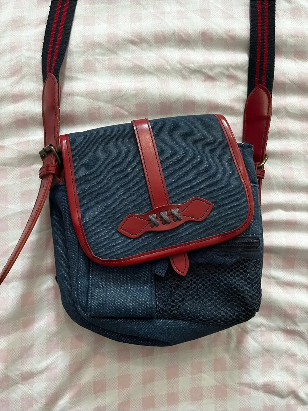 Navy Denim and Red Crossbody Bag